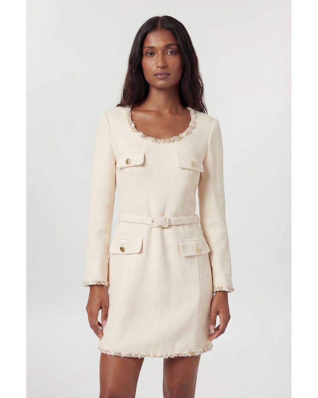 Karen Millen Natural Tweed Embellished Trim Tailored Belted Mini Dress