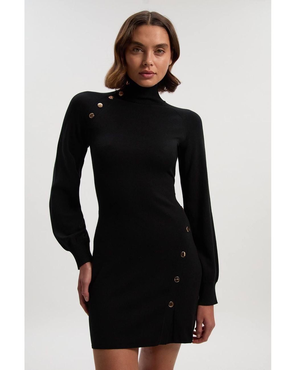 Karen Millen Black Viscose Blend Popper Detail Knitted Mini Dress