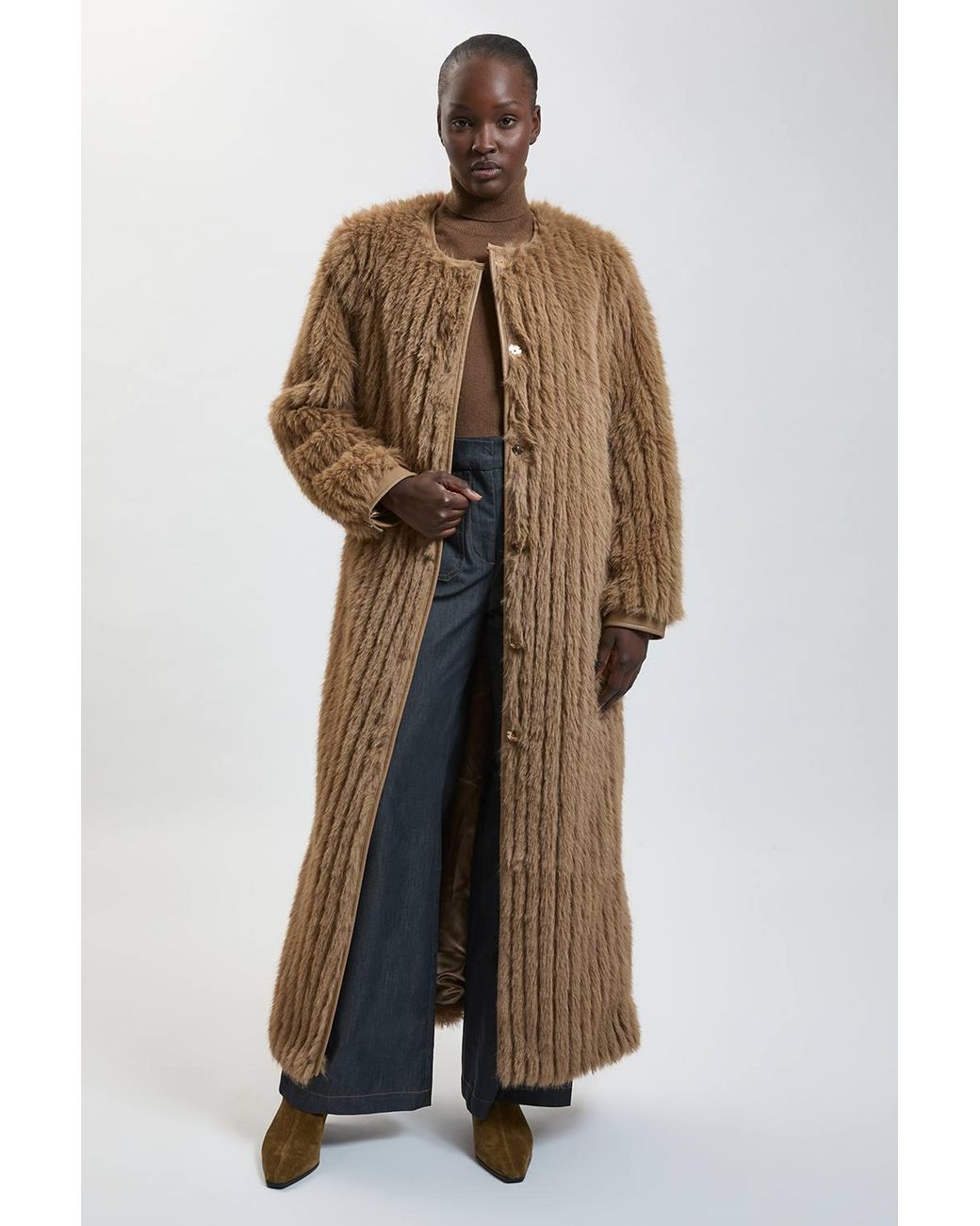 Karen Millen Natural Textured Faux Fur Belted Collarless Long Coat