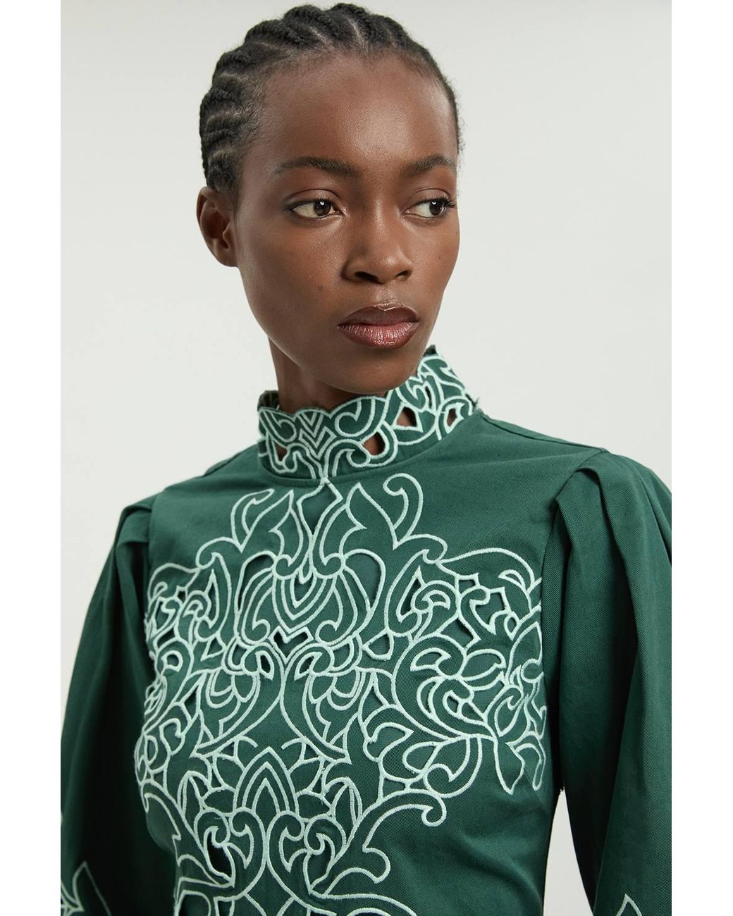 Karen Millen Green Cotton Cutwork Twill Woven Mini Dress