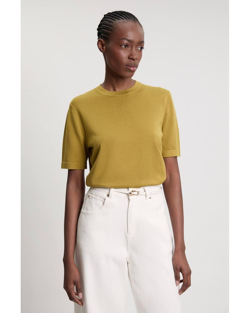 Karen Millen Yellow Forever Viscose Blend Knit Crew Neck Short Sleeve Top