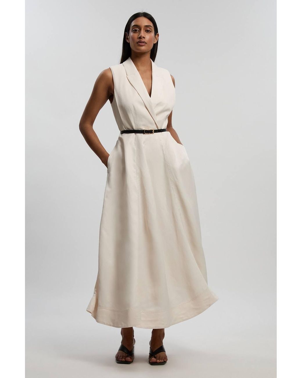 Karen Millen Natural Petite Premium Viscose Linen Tailored Belted Full Skirted Midi Dress