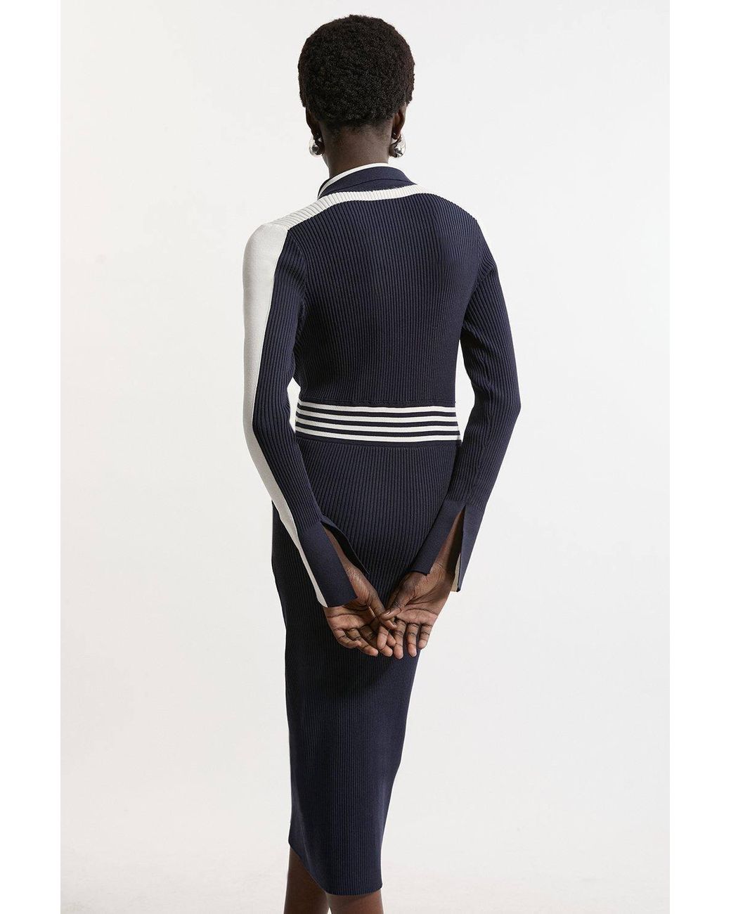 Karen Millen Blue Rib Knit Polo Zip Up Midi Dress