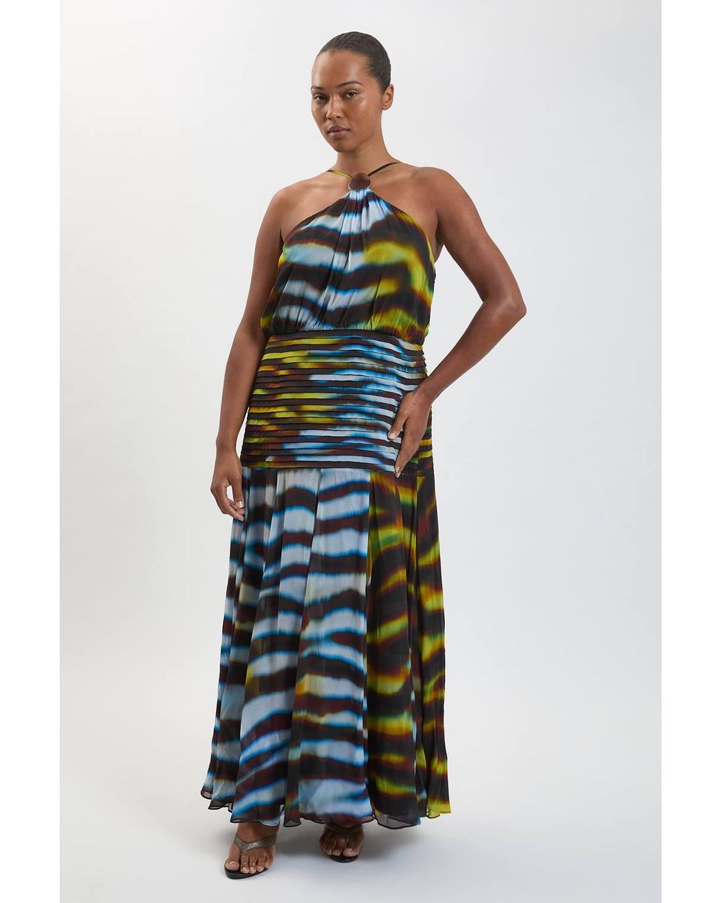 Karen Millen Multicolor Plus Size Viscose Georgette Drop Hem Animal Print Woven Halterneck Maxi Dress
