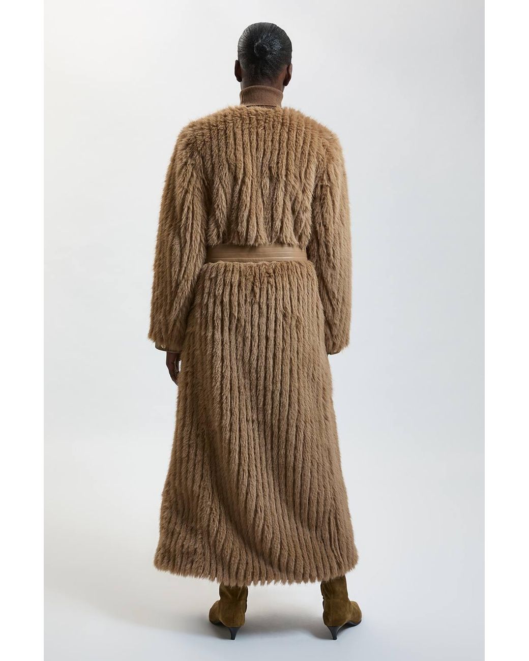 Karen Millen Natural Textured Faux Fur Belted Collarless Long Coat