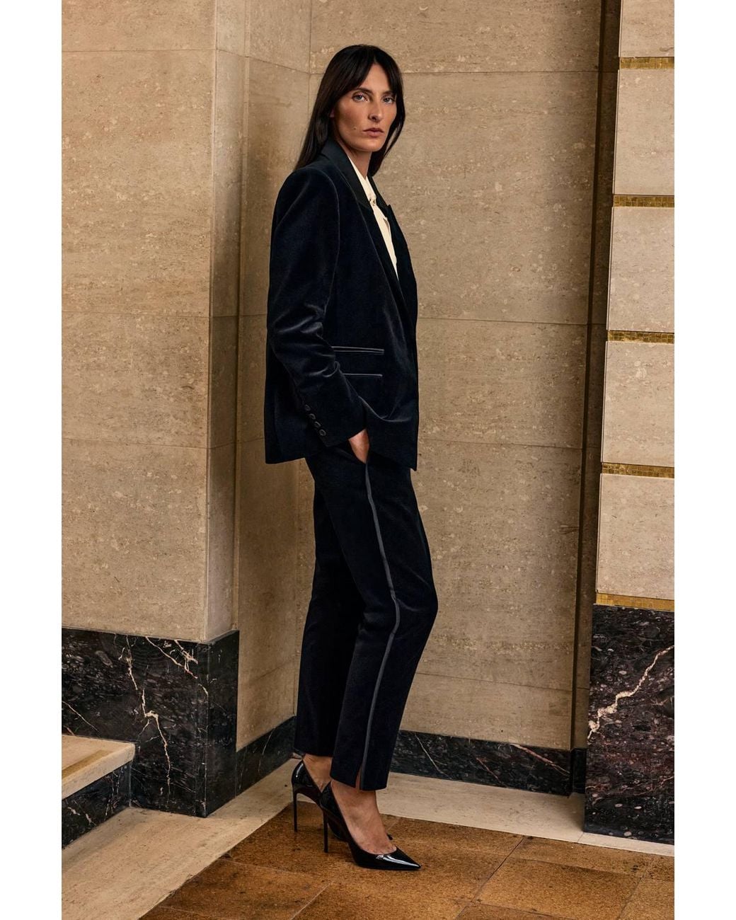 Karen Millen Black Harper's Bazaar Velvet And Satin Mix Slim Leg Trouser