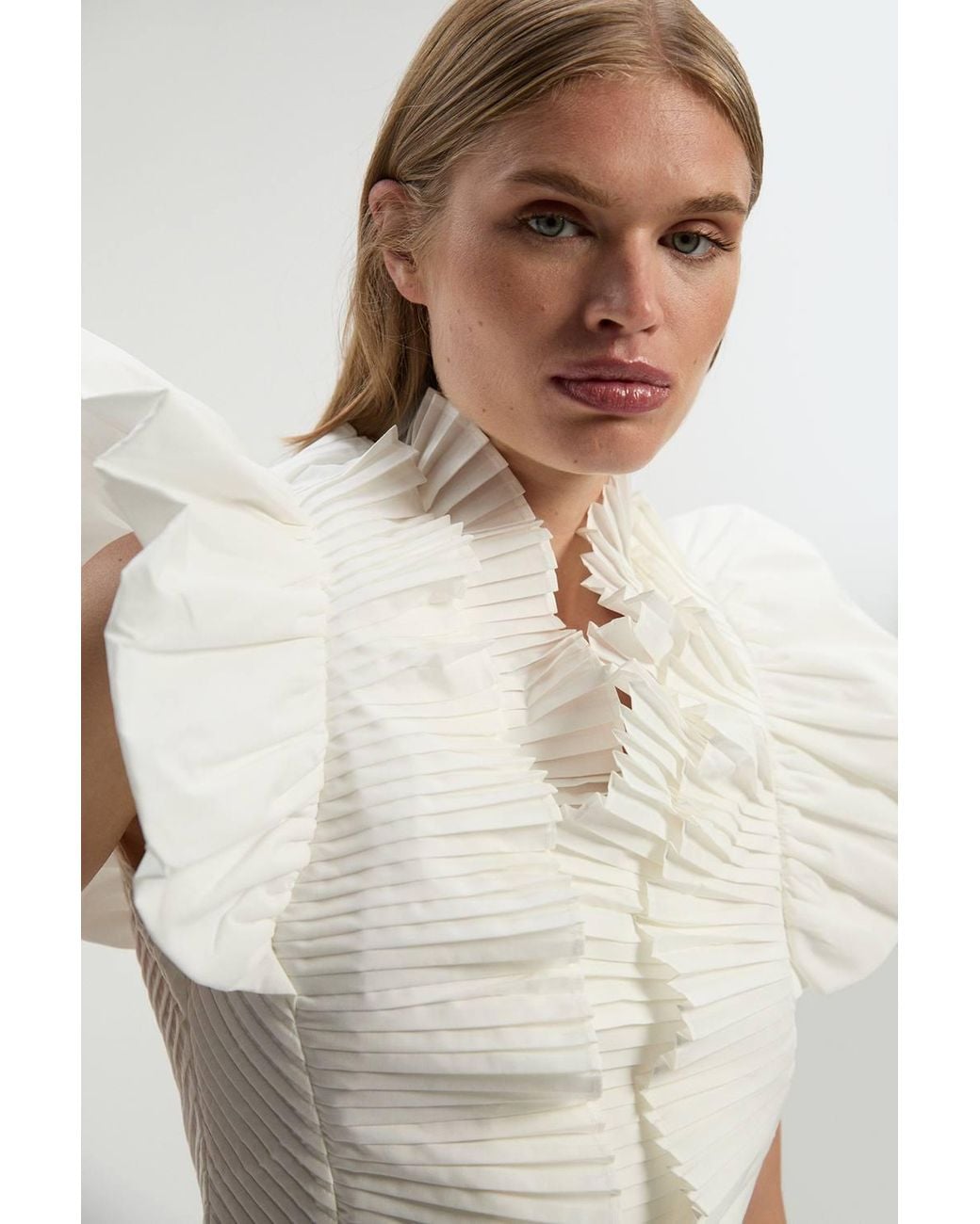 Karen Millen White Pleated Ruffle Sleeve Woven Top