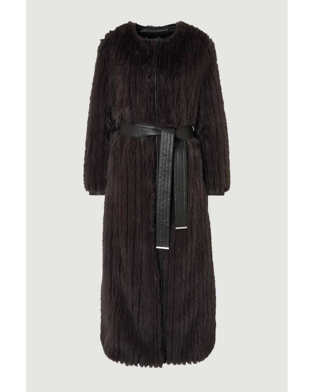 Karen Millen Black Textured Faux Fur Belted Collarless Long Coat