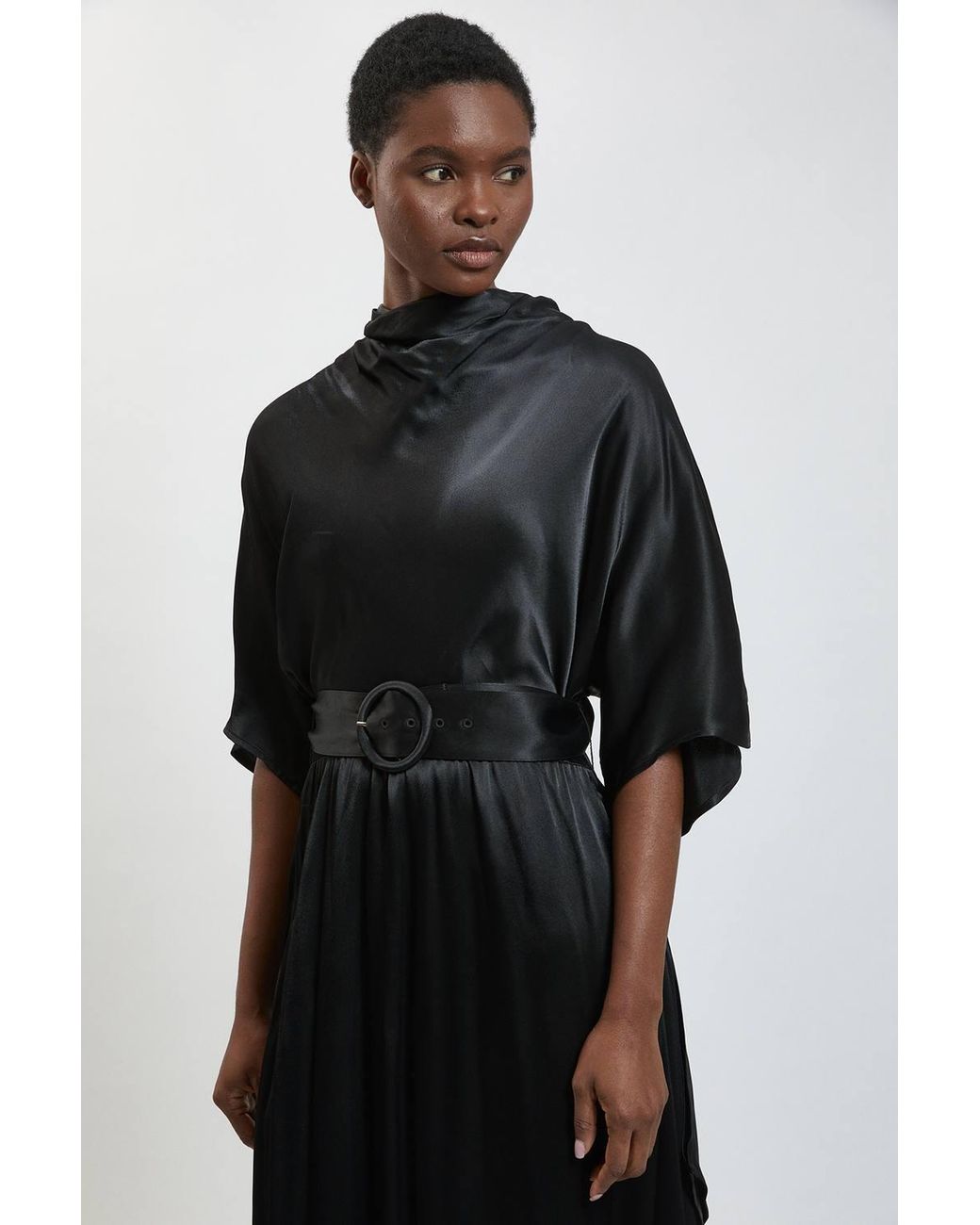 Karen Millen Black Viscose Satin Asymmetric Ruffle Midi Dress