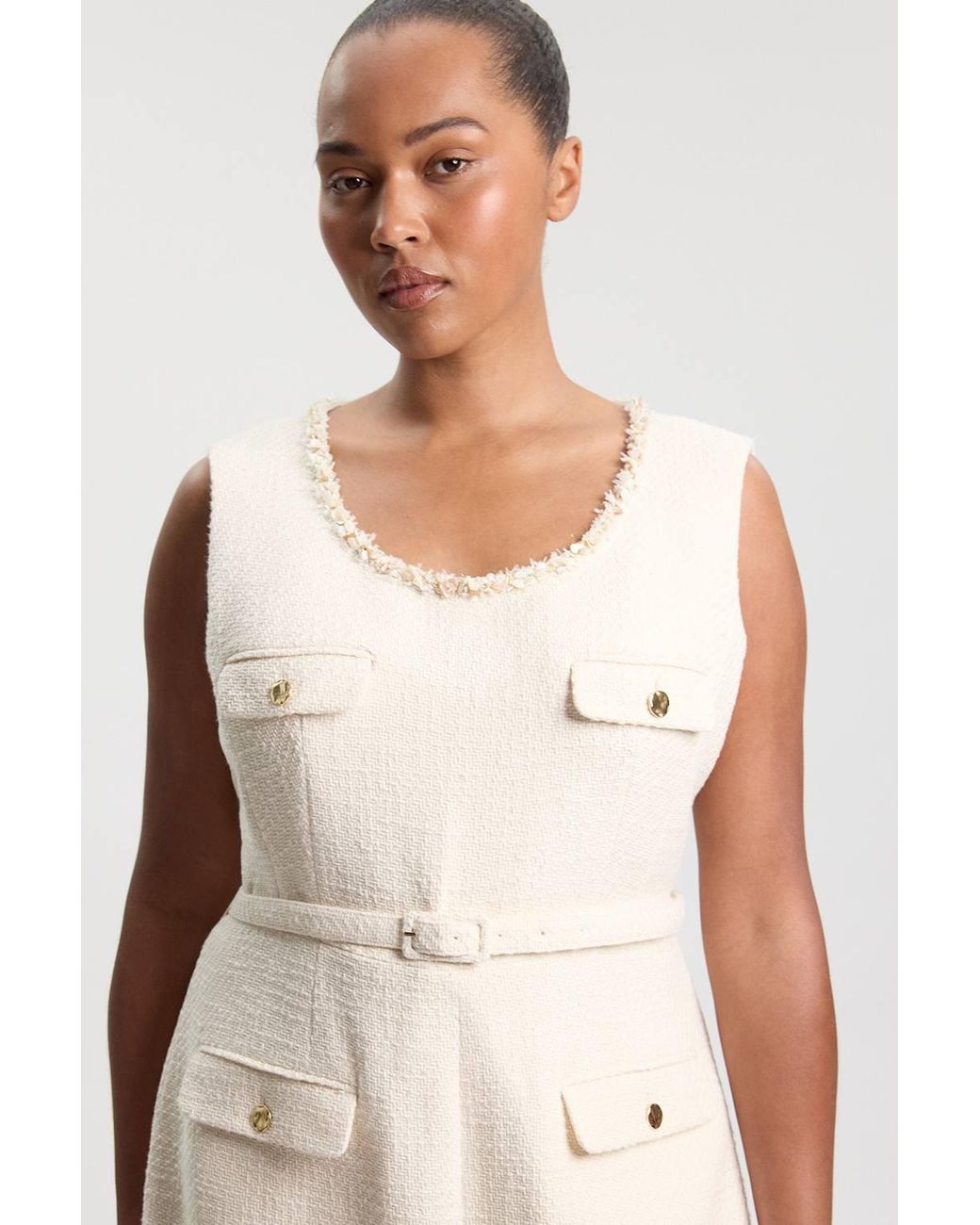 Karen Millen Natural Plus Size Tweed Embellished Trim Tailored Wide Leg Jumpsuit