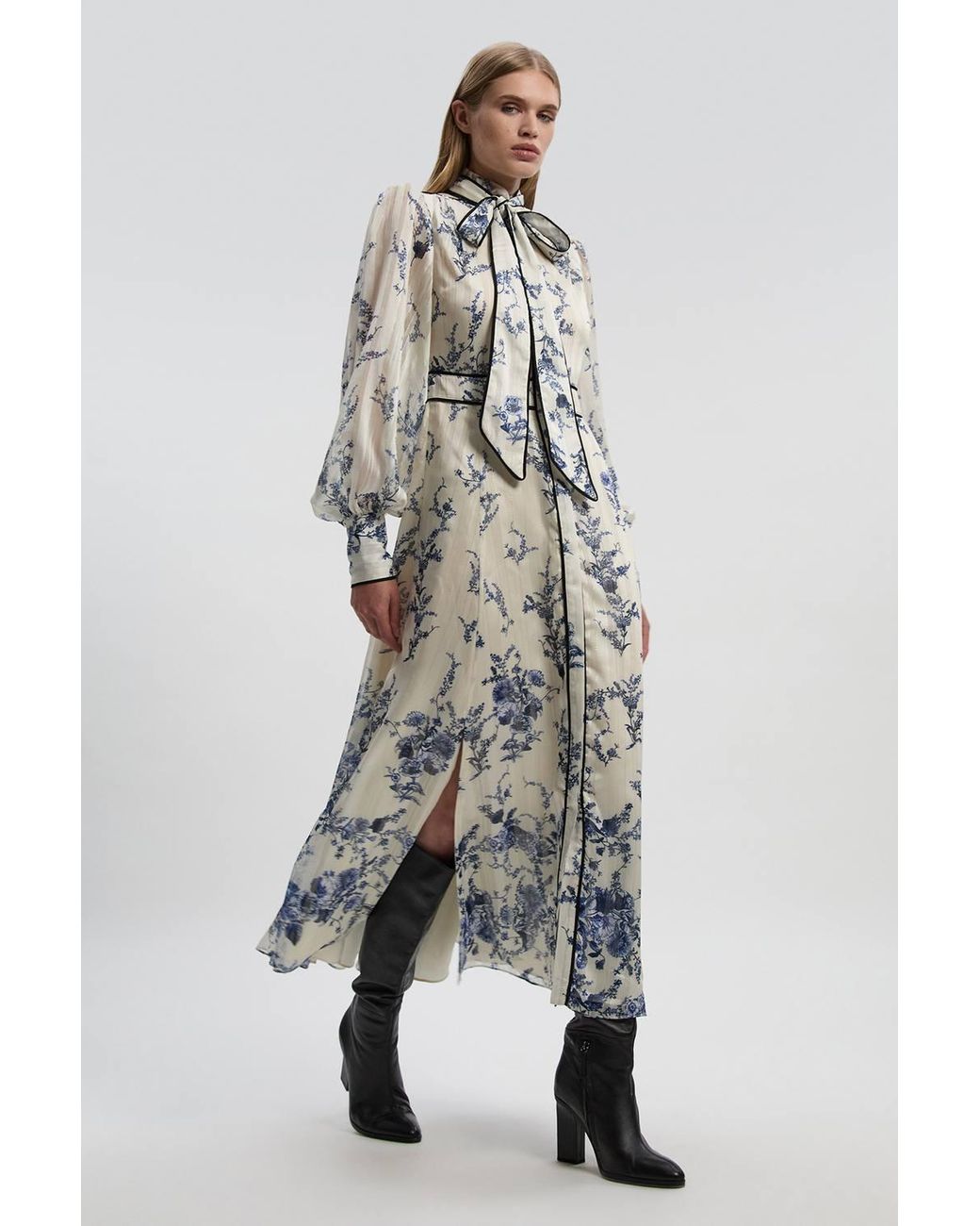 Karen Millen Blue Floral Print Tie Neck Woven Balloon Sleeve Midaxi Dress