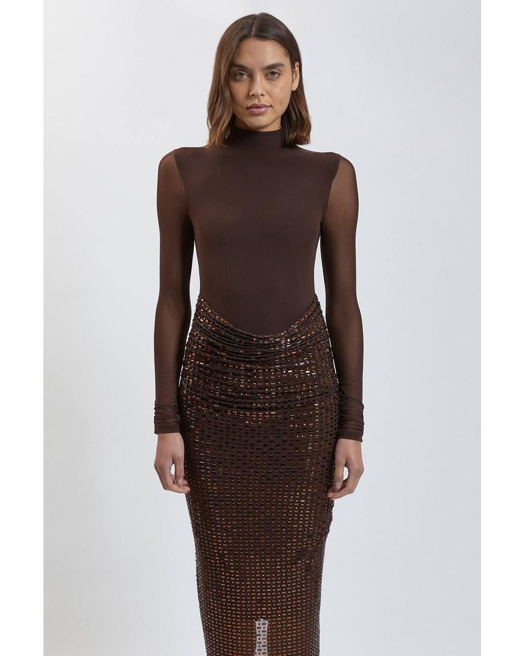 Karen Millen Brown Petite Premium Crystal Embellished Jersey Cowl Skirt Detail Maxi Dress With Mesh Body
