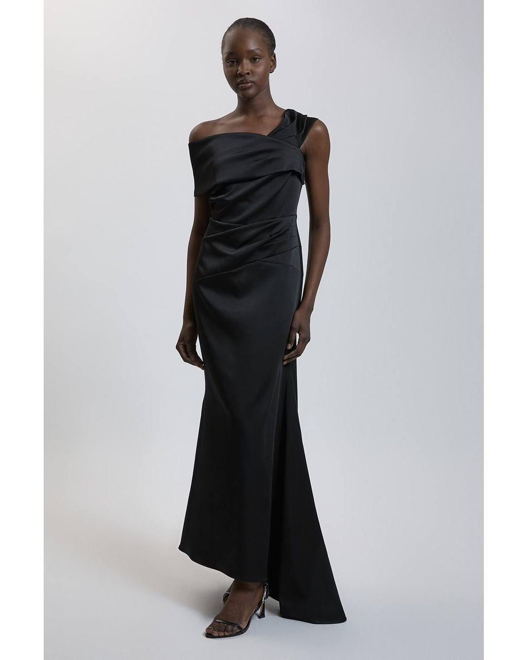 Karen Millen Black Tailored Satin Drape Asymmetric Maxi Fishtail Dress