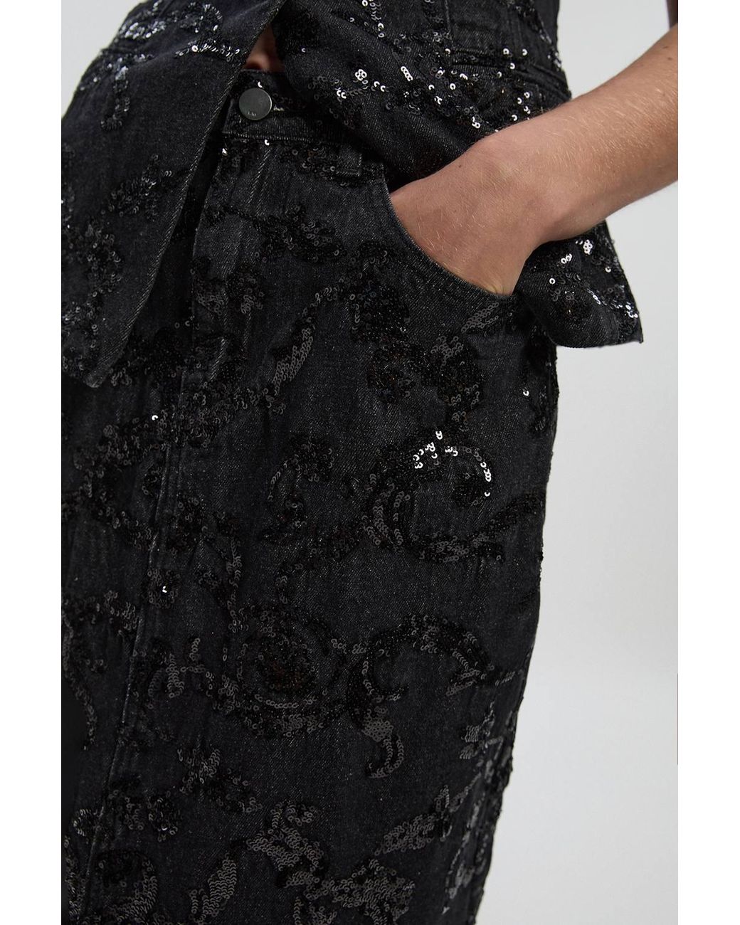 Karen Millen Black Sequin Denim Pencil Skirt