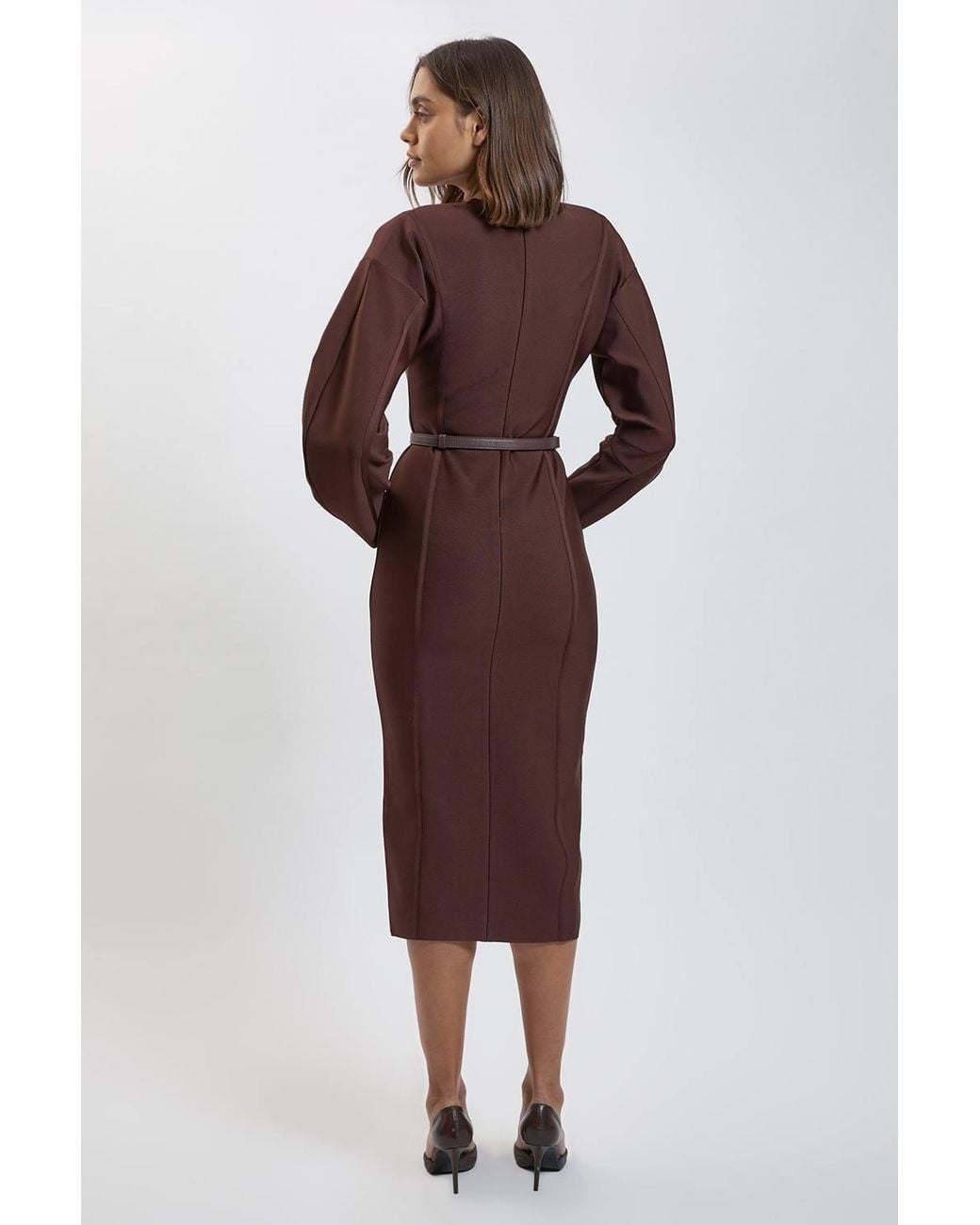 Karen Millen Brown Bandage Studded Belt Body Panelled Midi Dress