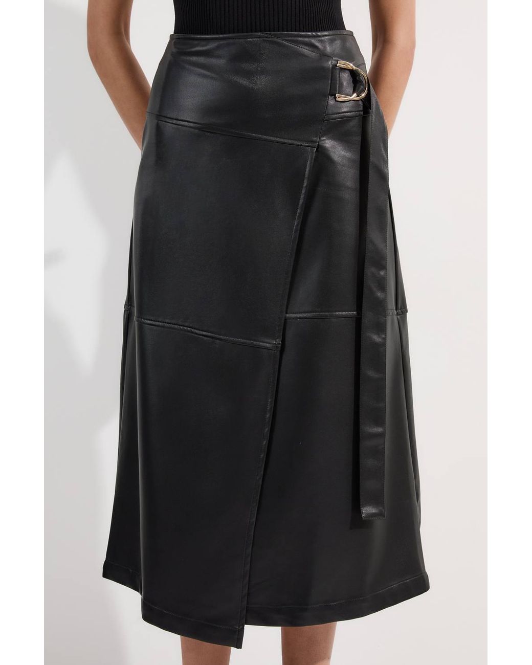 Karen Millen Black Faux Leather Tie Detail Wrap Midi Skirt