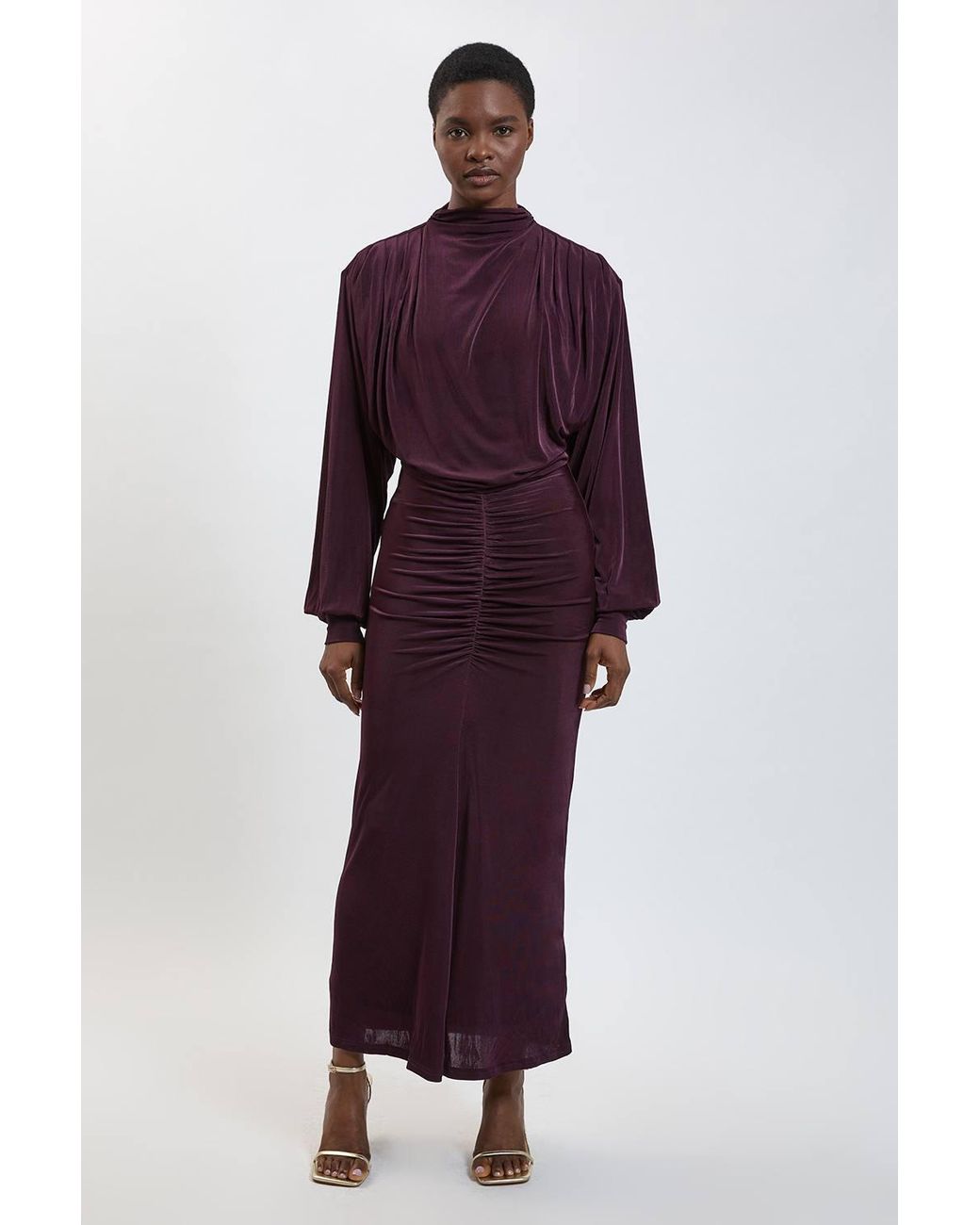 Karen Millen Red Drapey Crepe Ruched Detail Maxi Dress