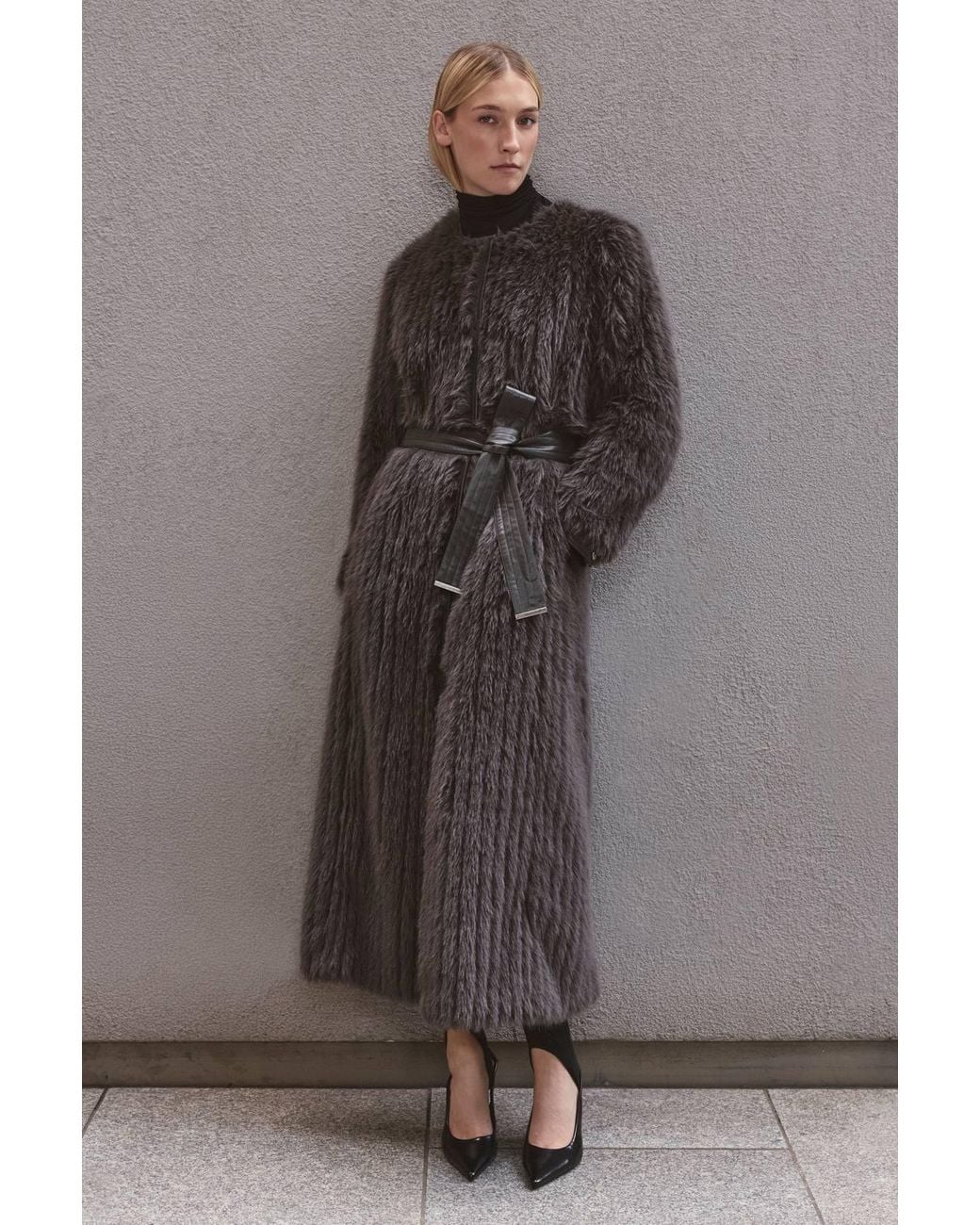 Karen Millen Black Textured Faux Fur Belted Collarless Long Coat