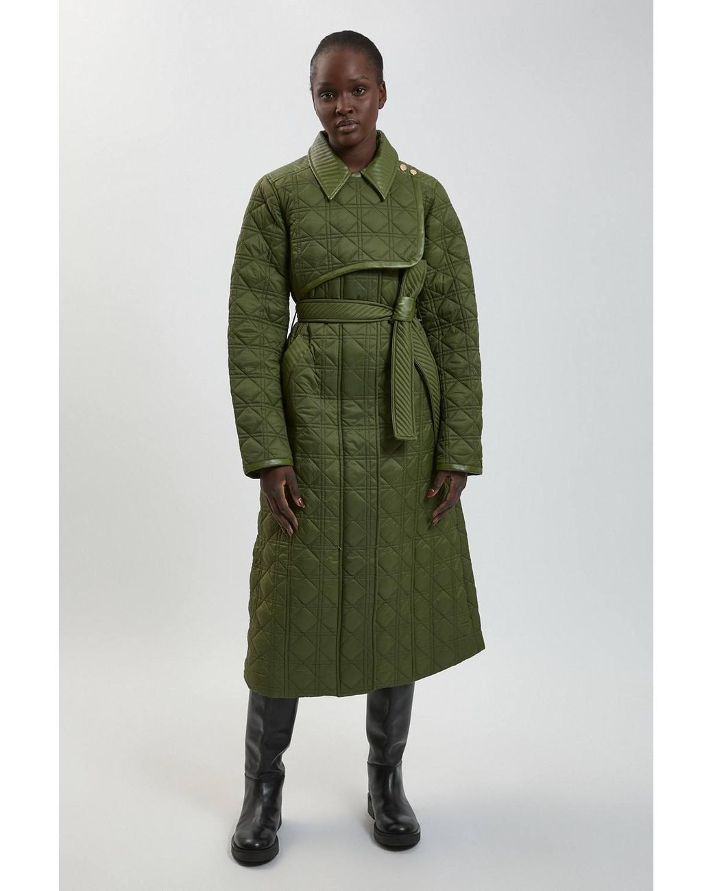 Karen Millen Green Quilted & Pu Mix Belted Padded Midi Coat