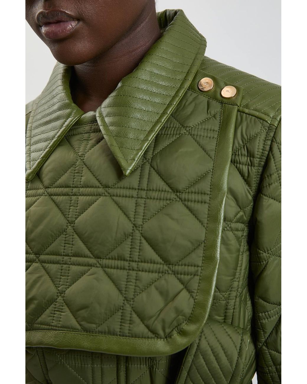 Karen Millen Green Quilted & Pu Mix Belted Padded Midi Coat