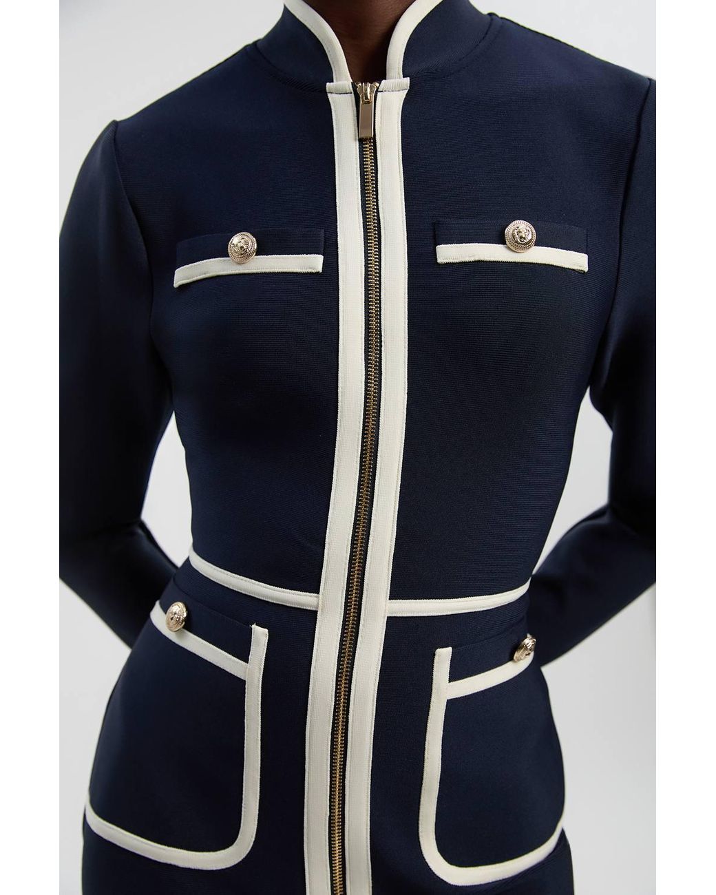 Karen Millen Blue Figure Form Bandage Knit Piping Detail Military Midi Dress