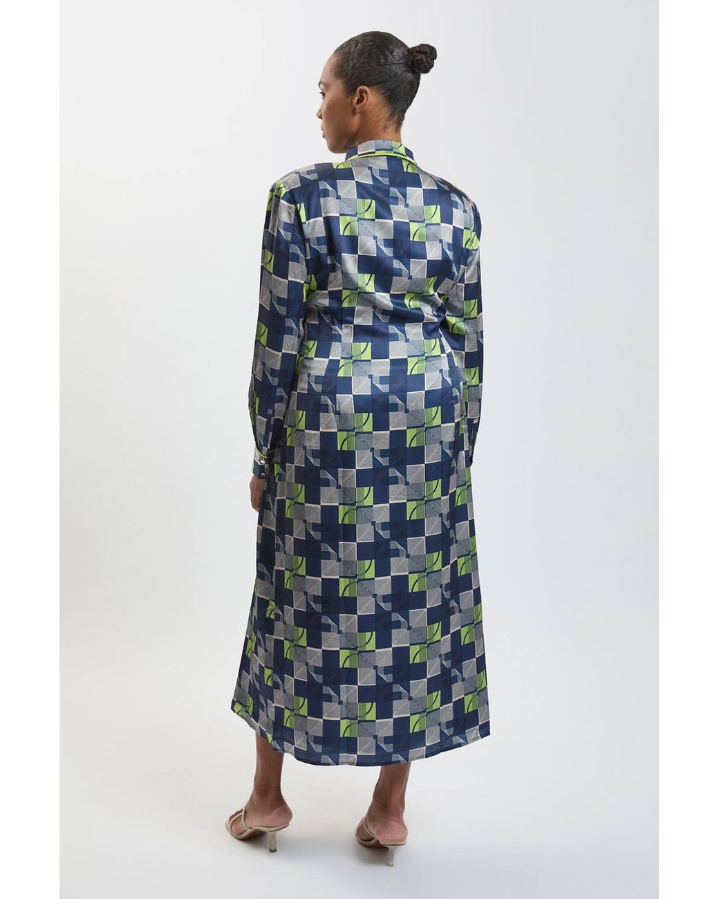 Karen Millen Blue Plus Size Geo Print Hammered Satin Tie Waist Woven Midi Dress