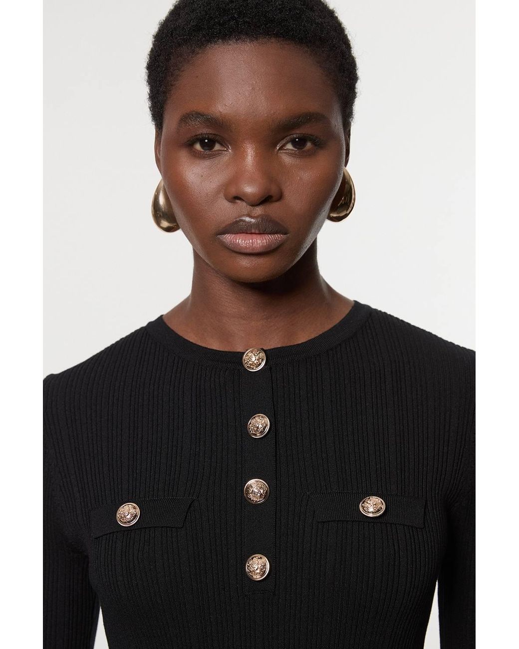 Karen Millen Blue Forever Military Trim Rib Long Sleeve Knit Top