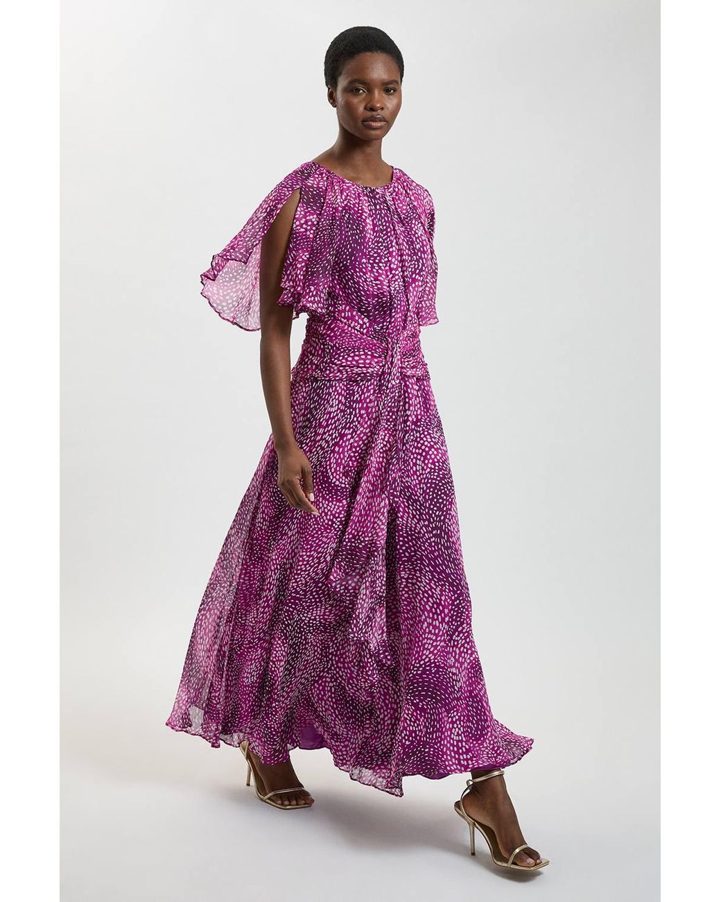Karen Millen Purple Spot Print Viscose Georgette Cape Sleeve Ruffle Woven Maxi Dress