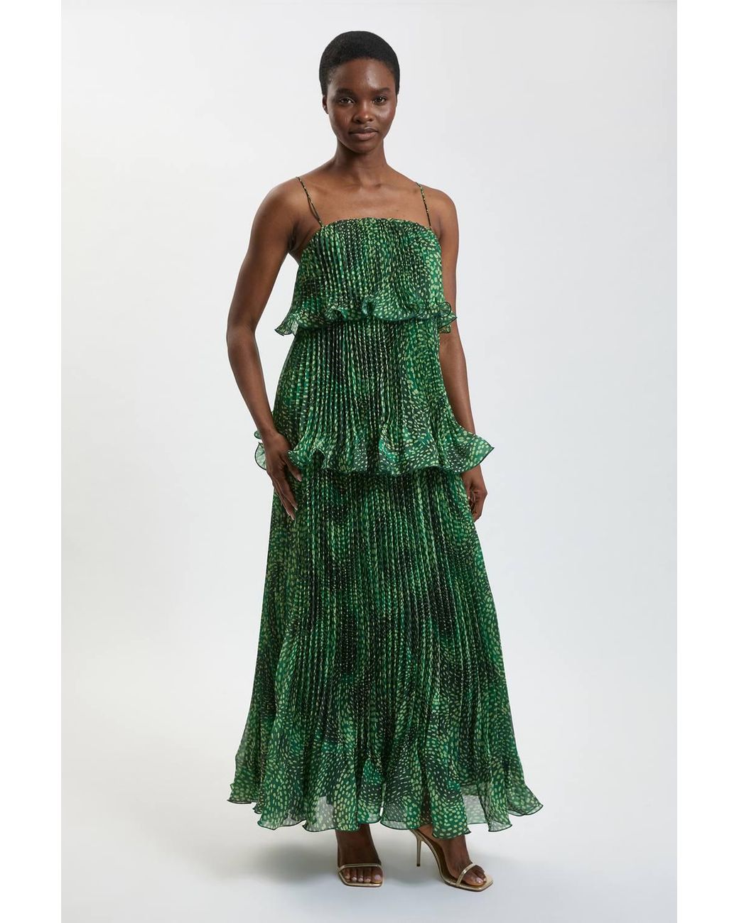 Karen Millen Green Petite Spot Print Pleated Slub Organdie Peplum Woven Maxi Dress