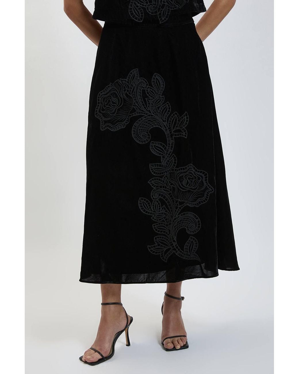 Karen Millen Black Velvet Cutwork Co Ord Midi Skirt