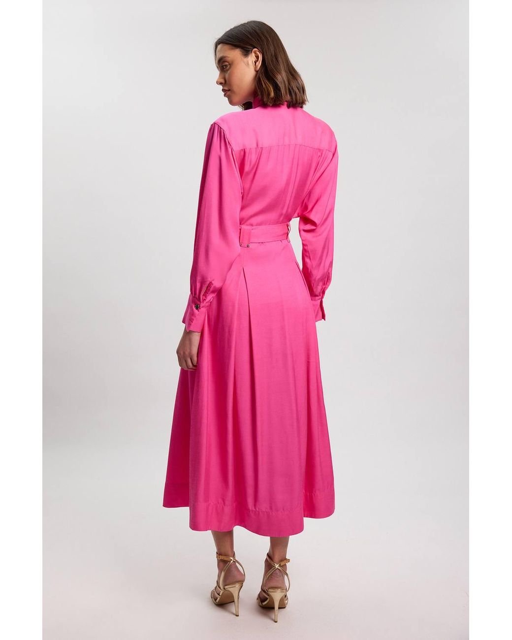 Karen Millen Pink Petite Premium Viscose Linen Woven Shirt Dress With Buckle Belt