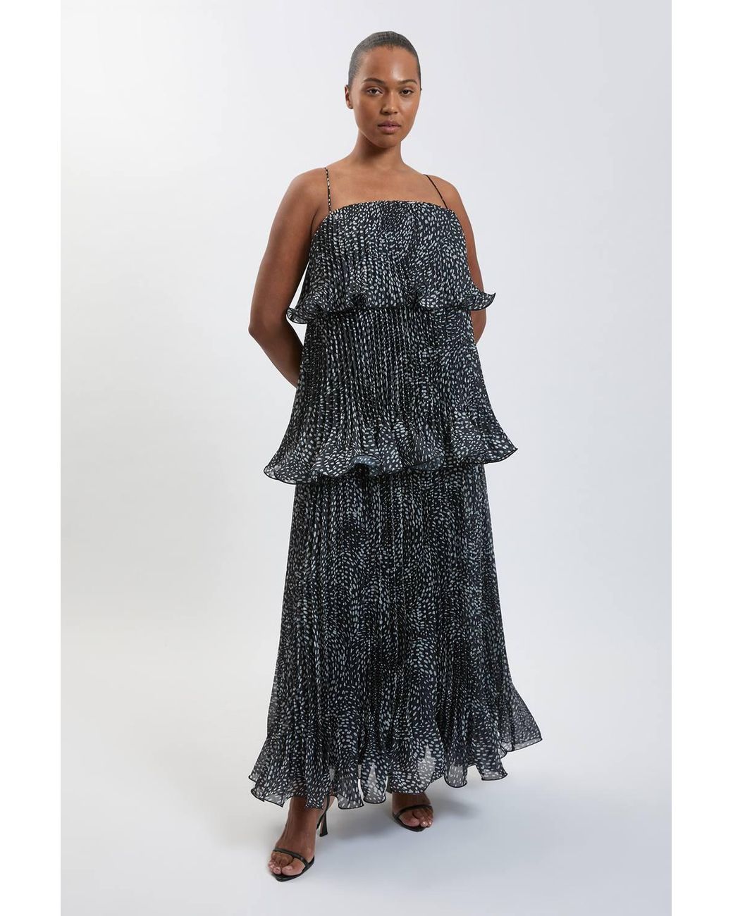 Karen Millen Black Plus Size Spot Print Pleated Slub Organdie Peplum Woven Maxi Dress