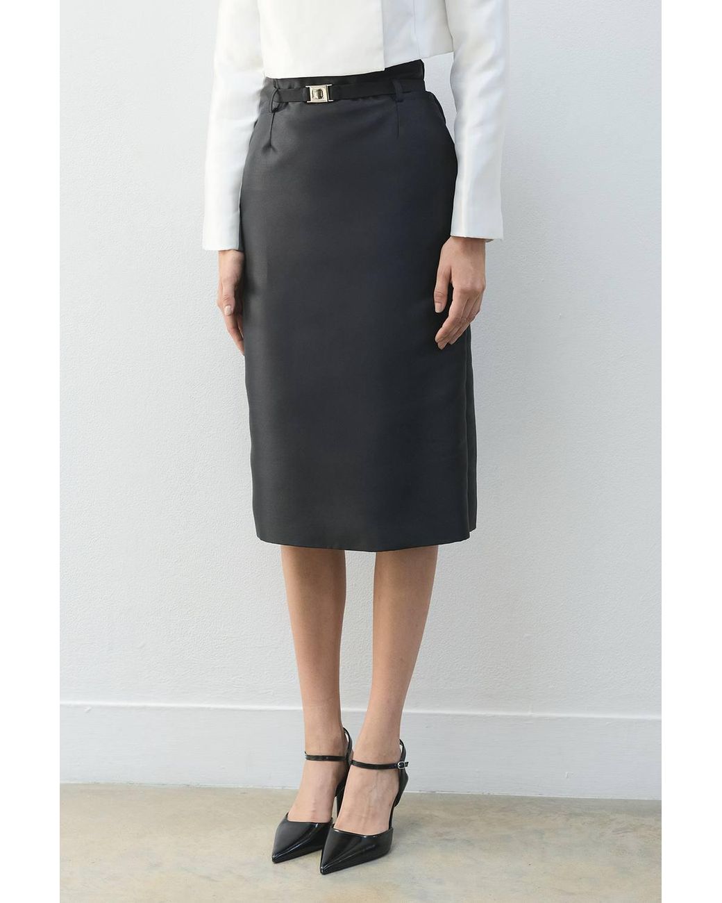 Karen Millen Black Forever Satin Twill Belted Tailored Midi Skirt