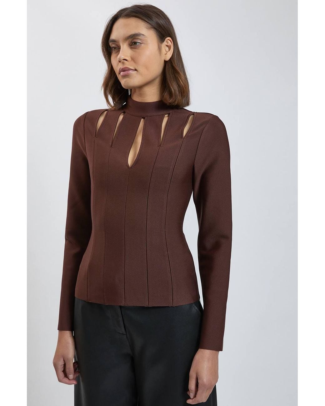 Karen Millen Brown Bandage Figure Form Cut Out Knitted Long Sleeved Top