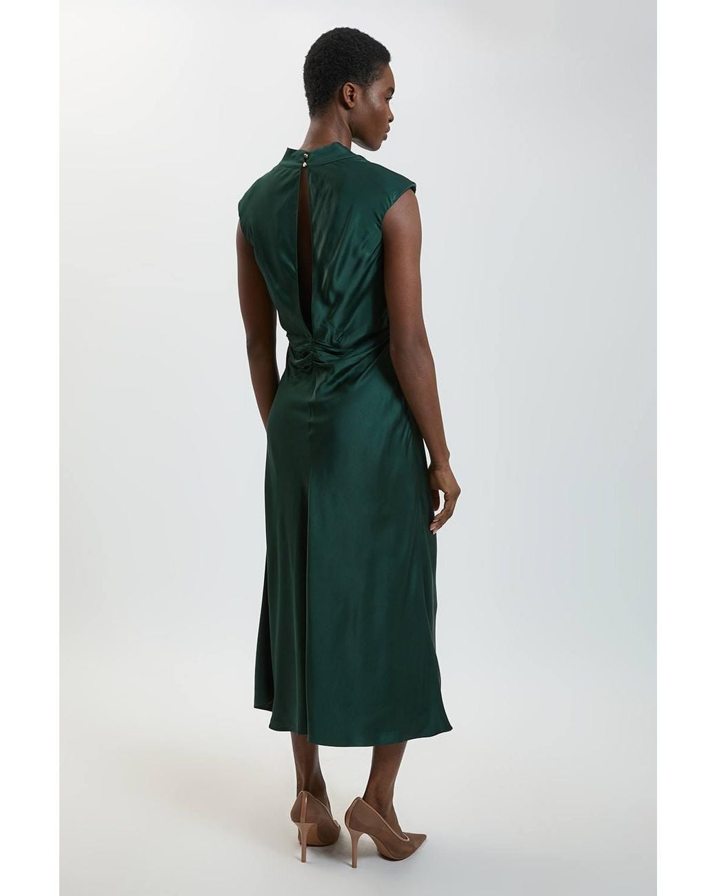 Karen Millen Green Viscose Satin Ruched Cowl Neck Midi Dress