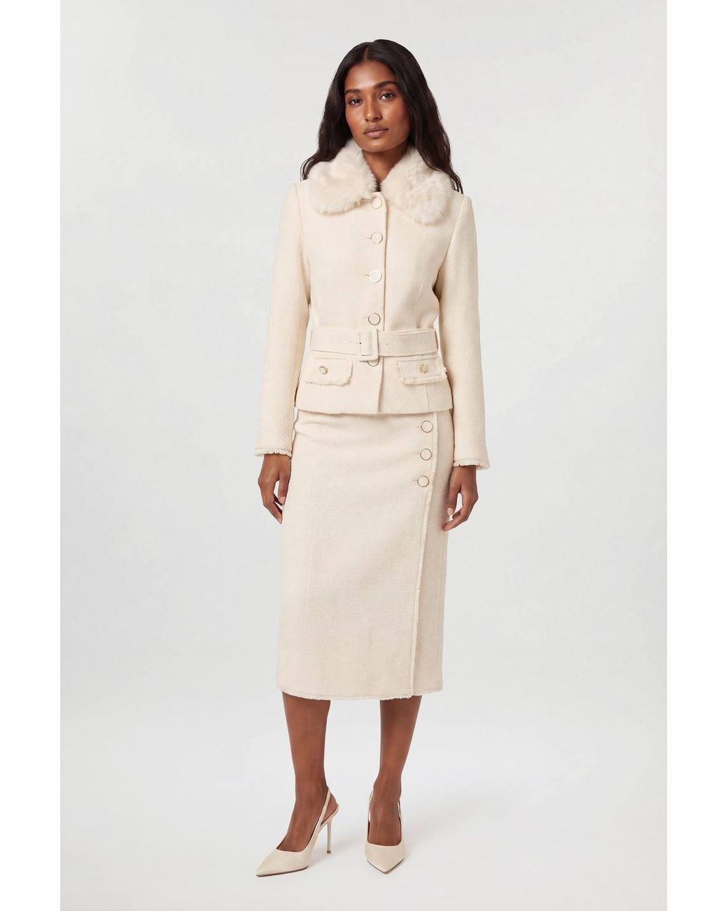 Karen Millen Natural Texture Tweed Detachable Faux Fur Collar Tailored Jacket