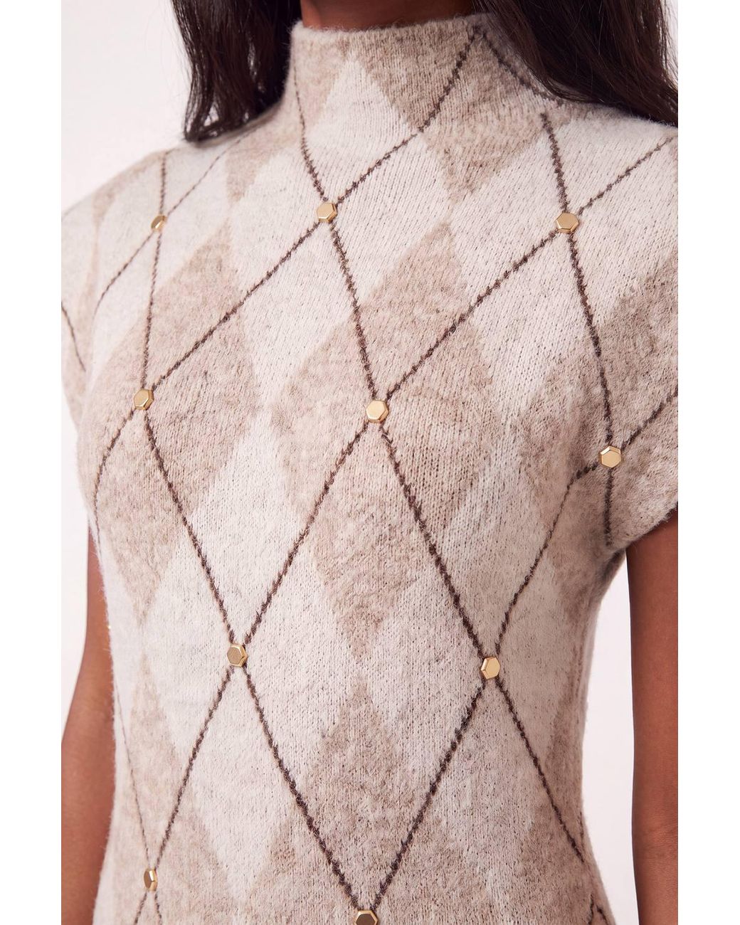 Karen Millen Natural Studded Argyle Wool Blend Cosy Knit Belted Midi Dress