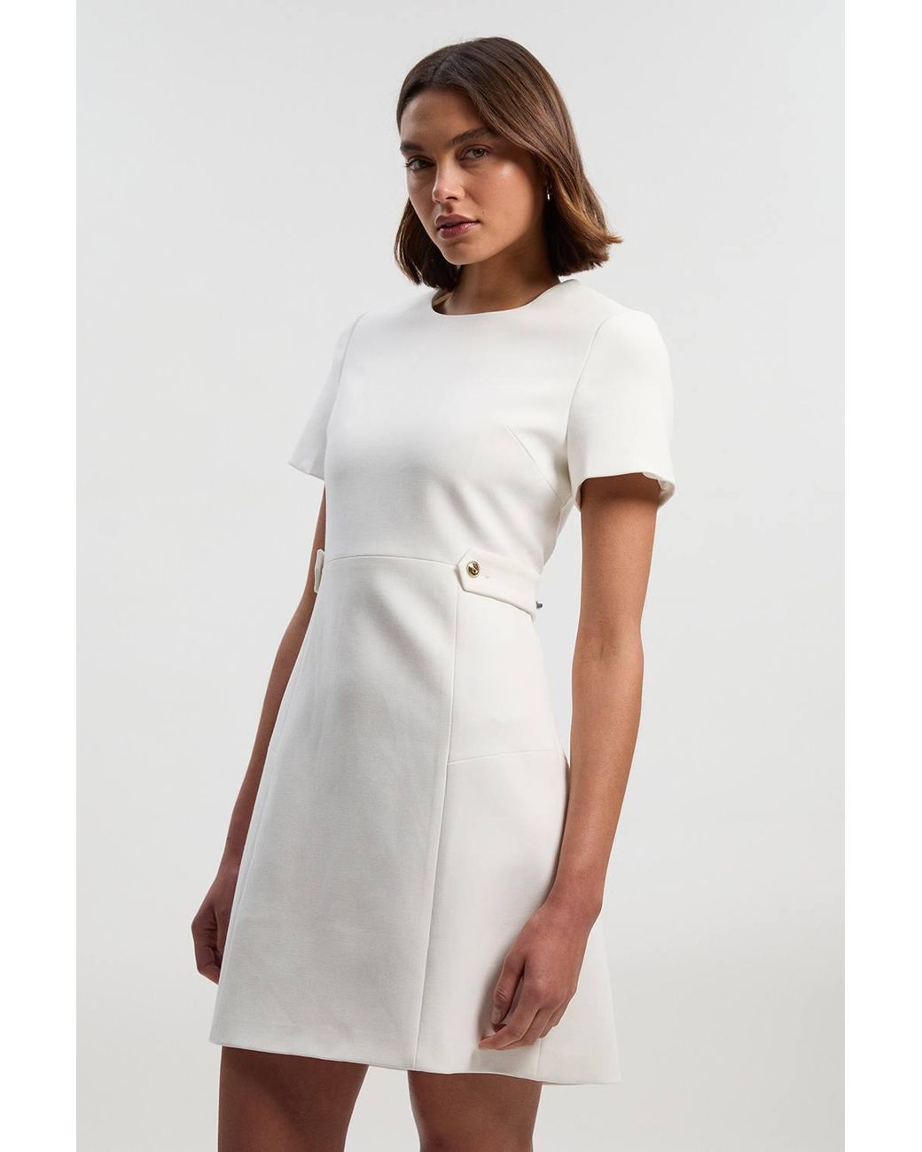 Karen Millen White Compact Stretch Essential Waist Tab Detail Tailored Mini Dress