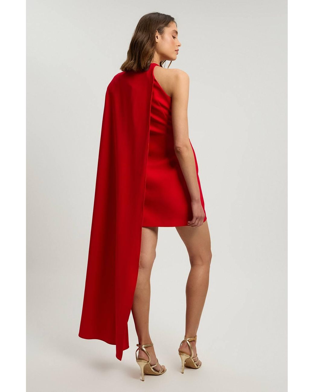 Karen Millen Red Compact Viscose Asymmetric Detail Mini Dress