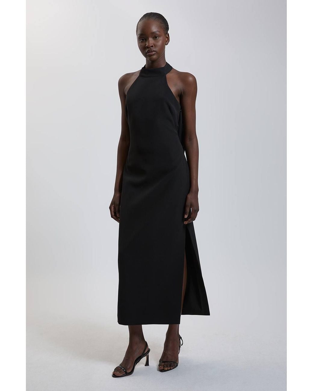 Karen Millen Black Petite Soft Tailored Halter Neck Open Back Maxi Dress