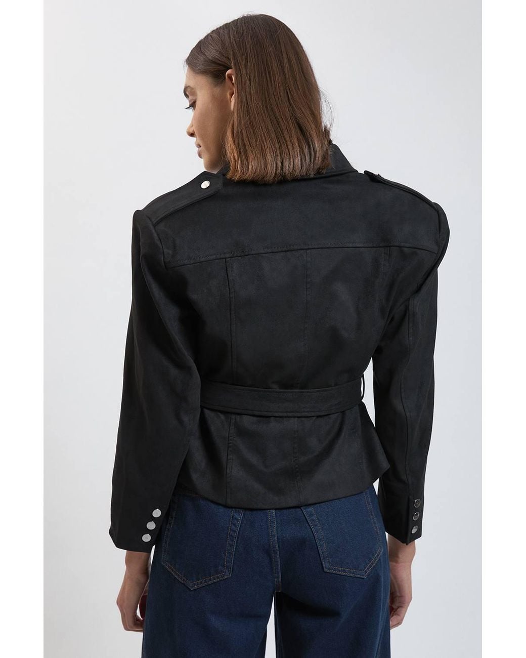 Karen Millen Black Faux Leather Collared Belted Jacket