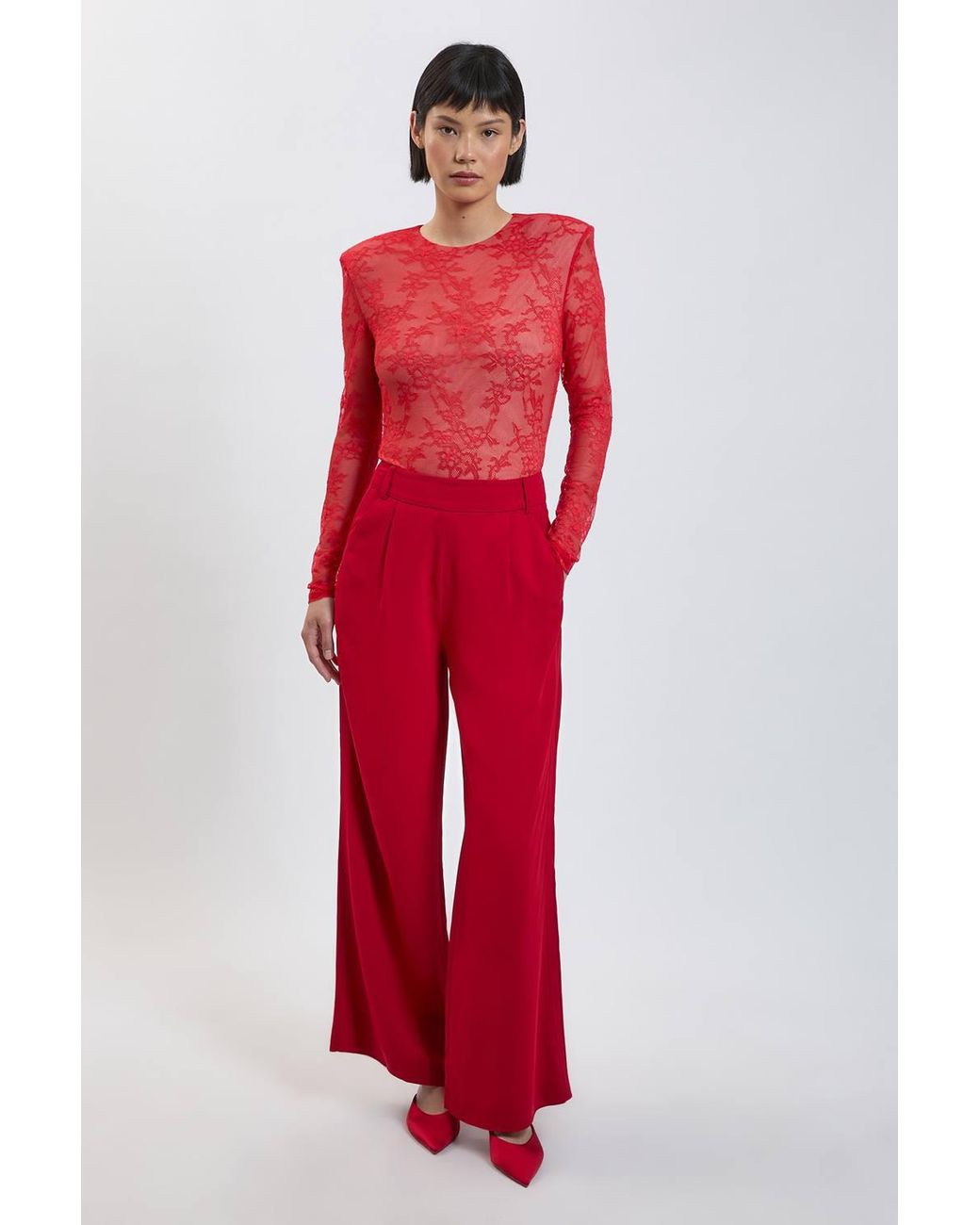 Karen Millen Red Petite Lace Long Sleeve Bodysuit