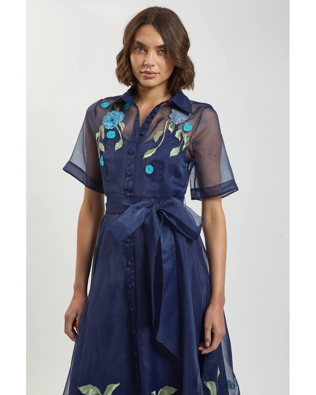 Karen Millen Blue Embroidered Detail Organdie Belted Shirt Dress