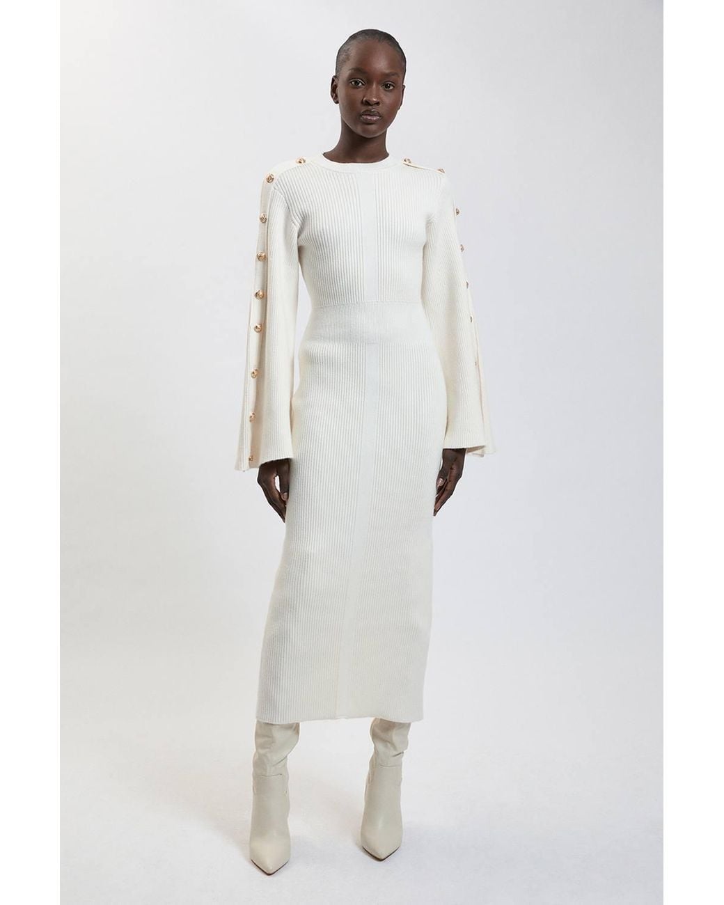Karen Millen White Military Button Up Sleeved Knitted Midi Dress