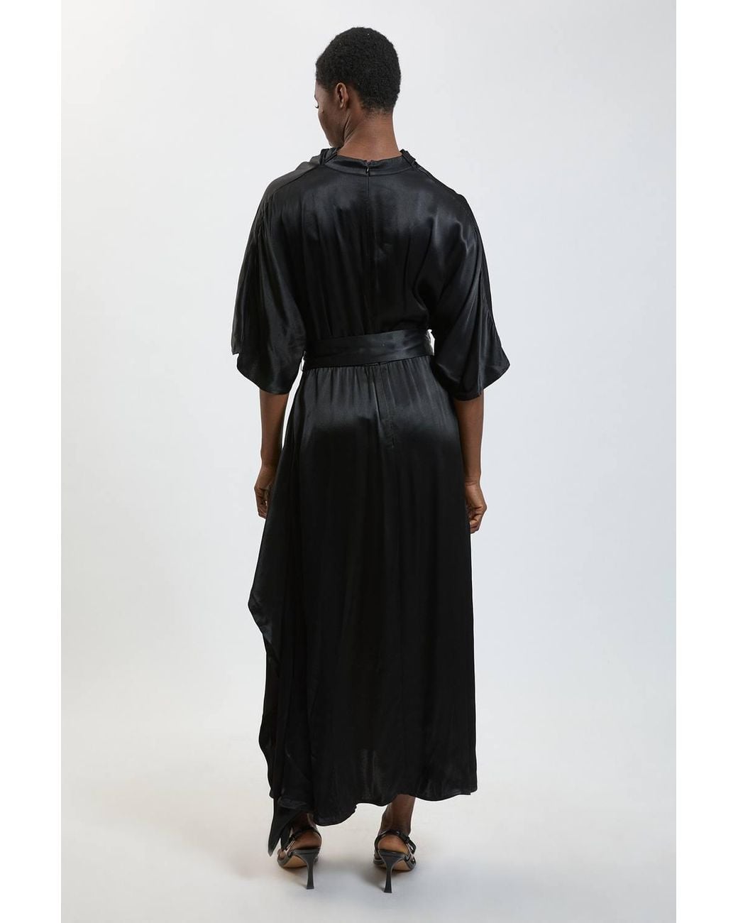 Karen Millen Black Viscose Satin Asymmetric Ruffle Midi Dress