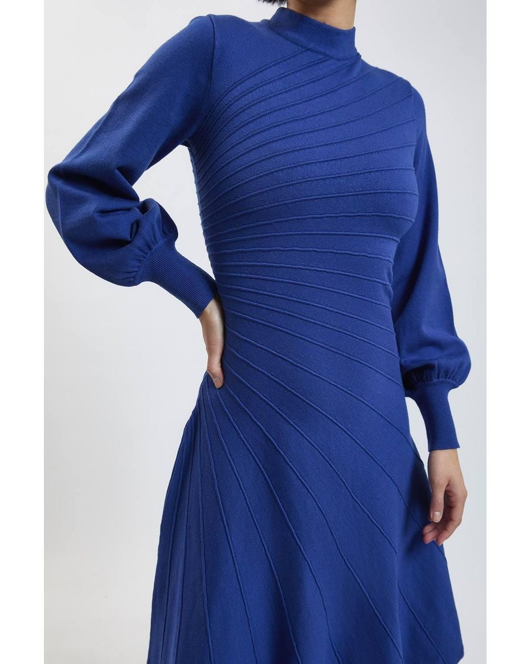 Karen Millen Blue Petite Wool Look Rib Detail Long Sleeve Knitted Dress