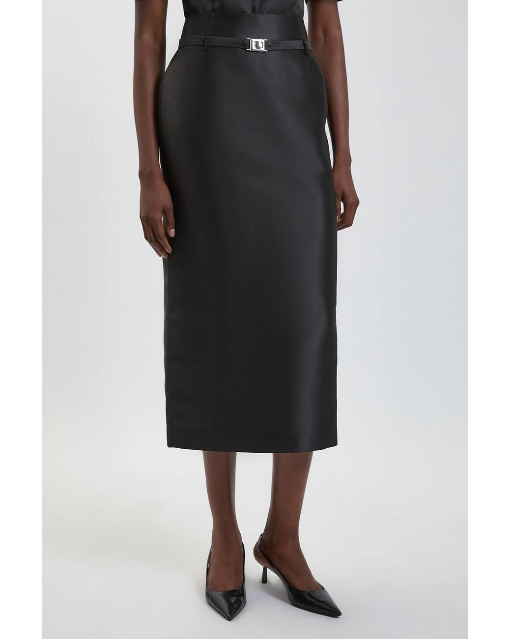 Karen Millen Black Satin Twill Belted Maxi Skirt