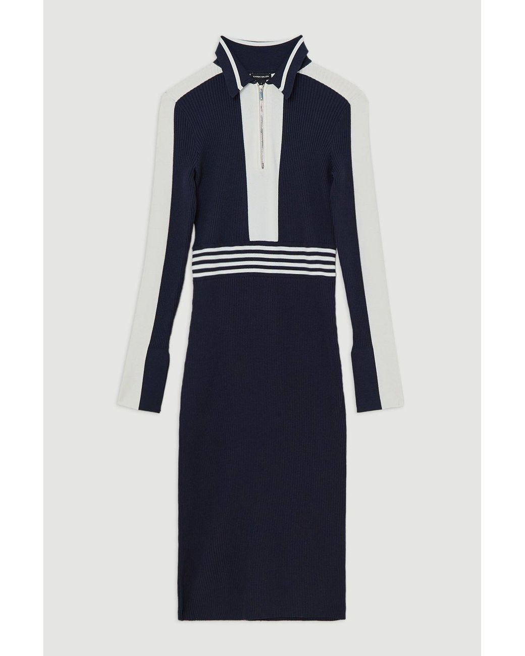 Karen Millen Blue Rib Knit Polo Zip Up Midi Dress