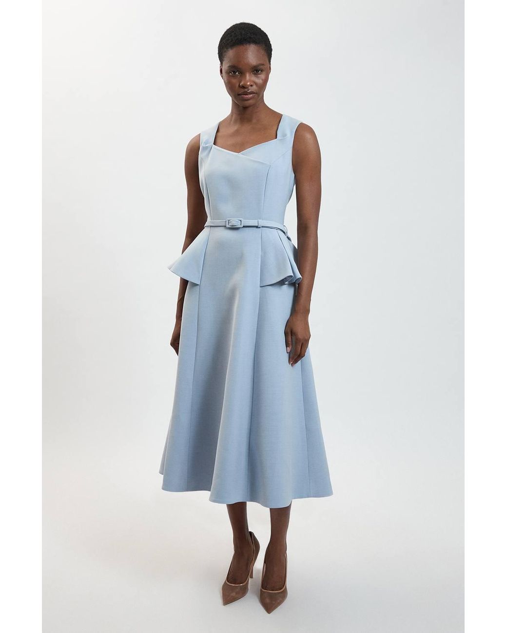 Karen Millen Blue Polished Belted Full Midi Dress