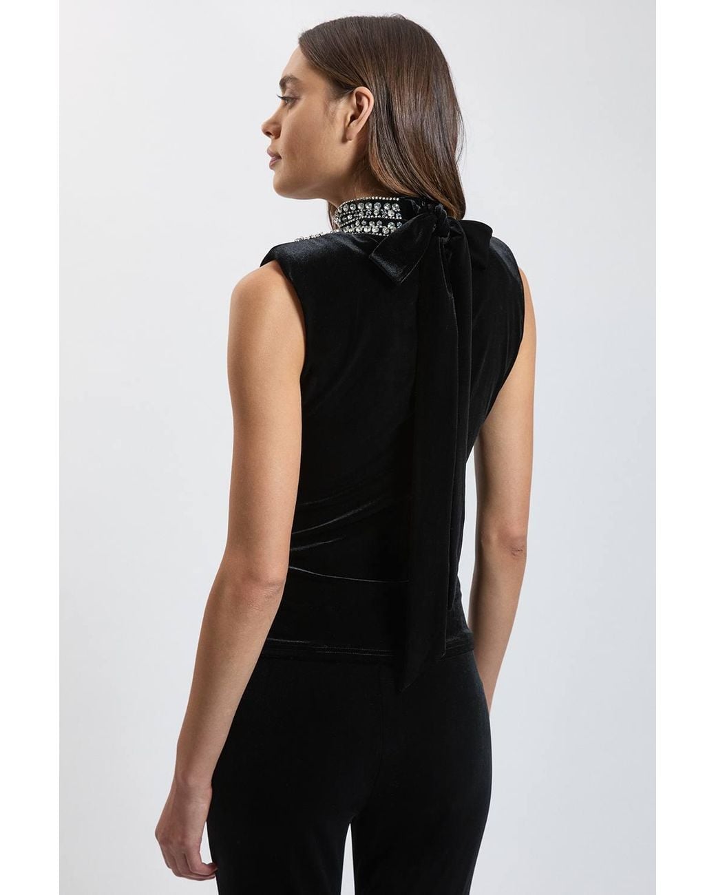 Karen Millen Black Crystal Trim Velvet Top